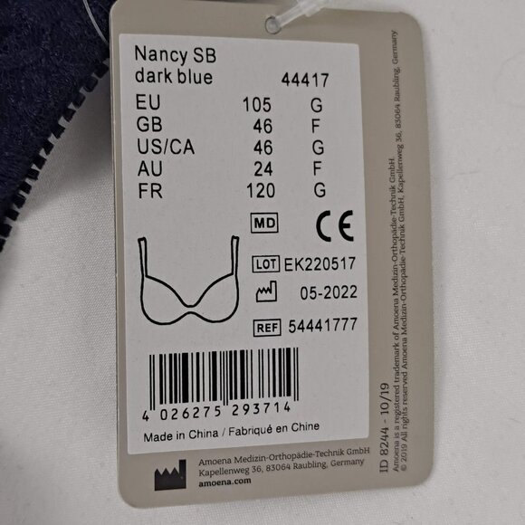 Amoena Nancy SB US Size 46G Navy Blue Lace Detail Adj Straps Back Closure NWT - Picture 11 of 13